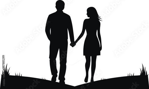 Romantic couple holding hands at night, silhouette flat vector illustration
