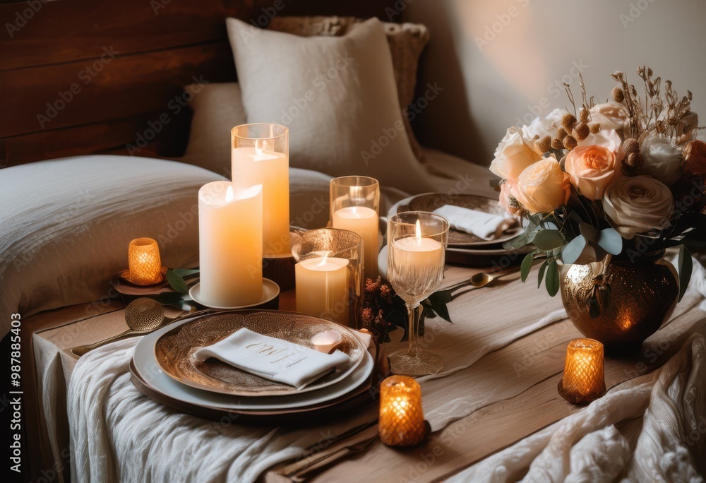 Fototapeta premium essential romantic getaway items displayed beautiful tabletop elegant decor cozy accents, candles, flowers, wine, glasses, picnic, blanket, basket