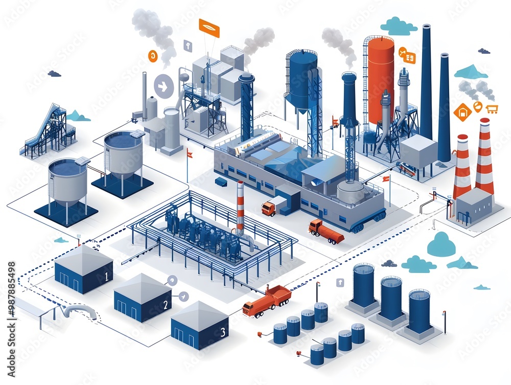 Obraz premium A detailed illustration of a modern industrial plant with tanks, smokestacks, and transport vehicles in a clean design.