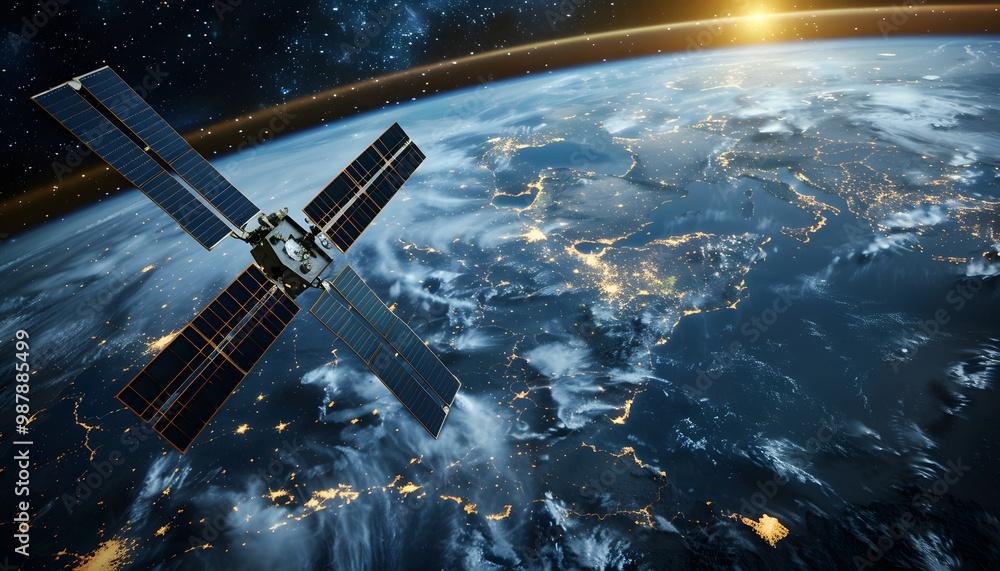 A detailed view of a satellite orbiting Earth, capturing the beauty of our planet against the backdrop of space. A detailed view of a satellite orbiting Earth, capturing the beauty of our planet against the backdrop of space.