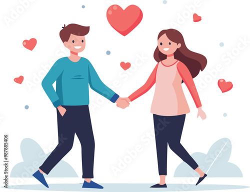 Cartoon couple holding hands with hearts, flat vector illustration of young love