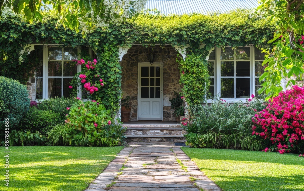 Naklejka premium Home. House entrance with green garden