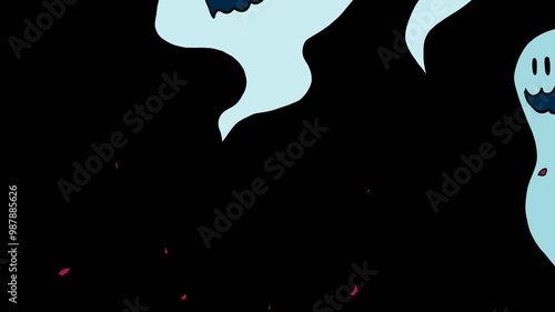 A hand-drawn cartoon transition with a red curtain, flying ghosts and a pumpkin. Halloween theme transparent background and alpha channel