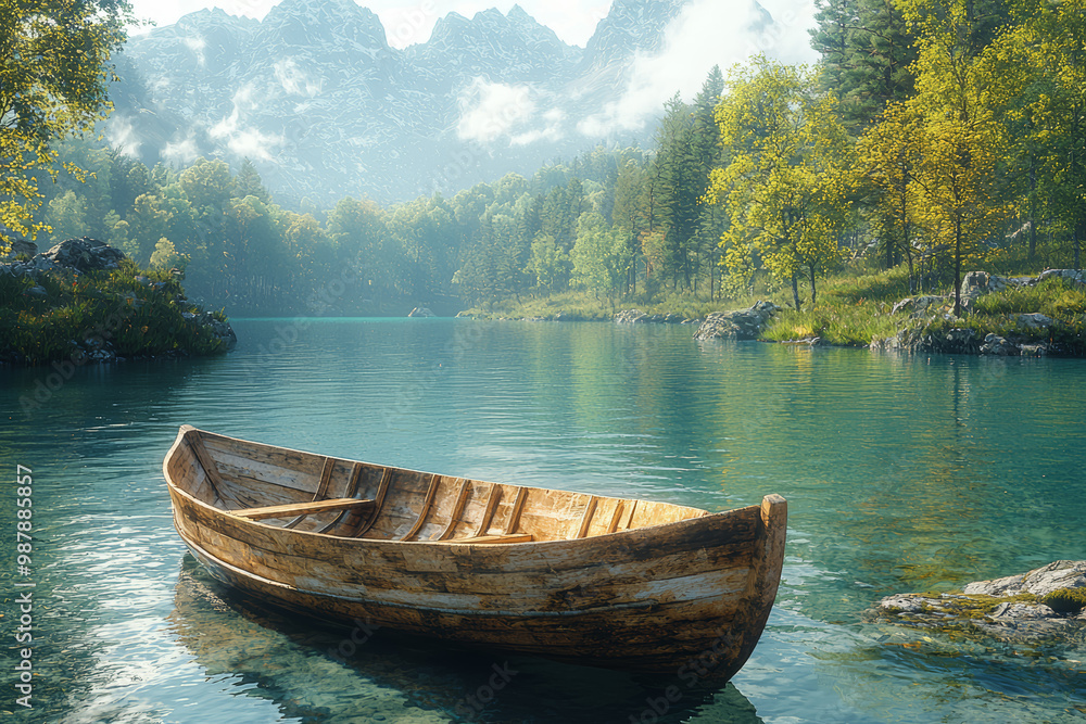 A serene lakeside scene with a rowboat floating gently on the water, symbolizing peace and leisure. A serene lakeside scene with a rowboat floating gently on the water, symbolizing peace and leisure.