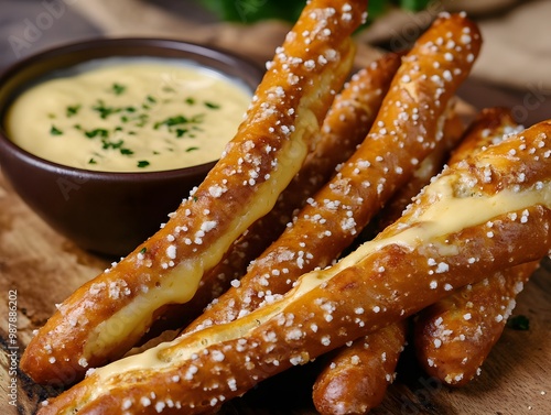 Pretzel sticks with cheese dip photo