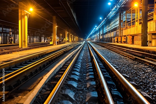 Empty train tracks at night with yellow and blue lights in background