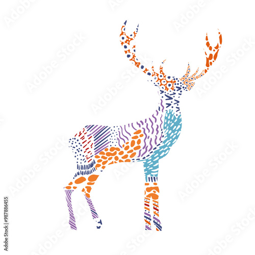 Hand drawn deer illustration, Deer drawing, horns, Wild animal, Forest animal, Noble deer, bambi. Merry Christmas. Not AI, Vector illustration.