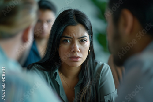 Worried professional Latino woman in meeting, imposter syndrome, self-doubt, stress, business suit, corporate, pressure photo