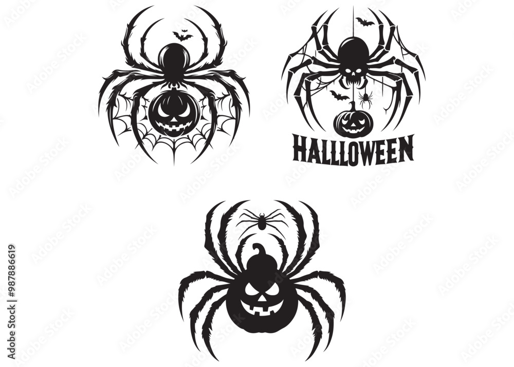 Naklejka premium Vector spider silhouette, spider logo set, halloween spider, spider silhouette logo vector animals, black spider of a pumpkin silhouette vector on white background