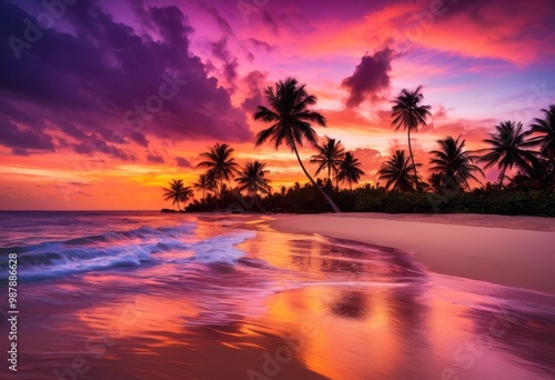 vibrant sunset casting warm hues over tranquil beach landscape gentle waves soft sand, ocean, horizon, sky, clouds, colors, nature, evening, light