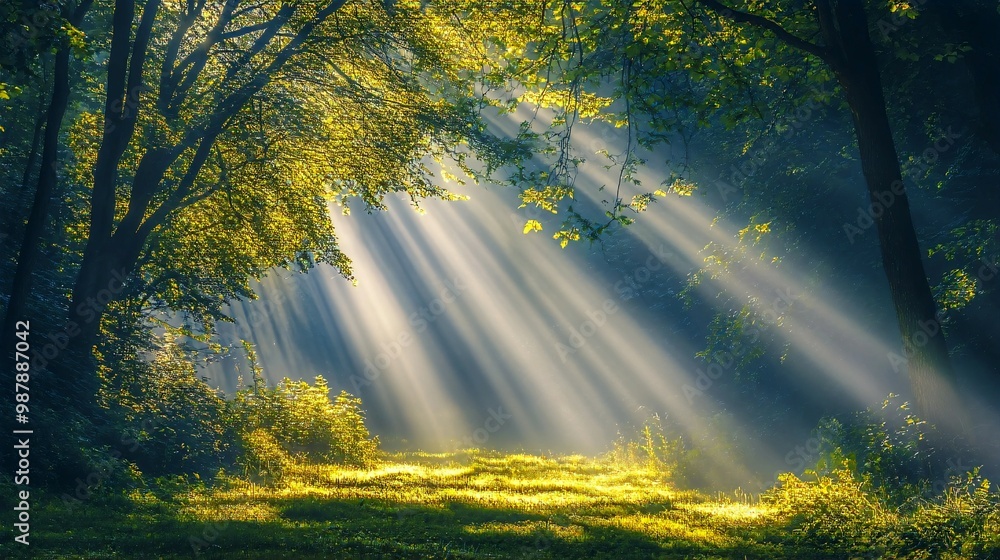 Sunbeams Illuminating a Misty Forest Clearing Sunbeams Illuminating a Misty Forest Clearing