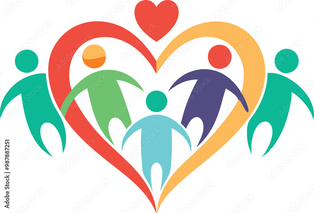 Heart shape with people around it, symbolizing love, teamwork, and unity, vector illustration Heart shape with people around it, symbolizing love, teamwork, and unity, vector illustration