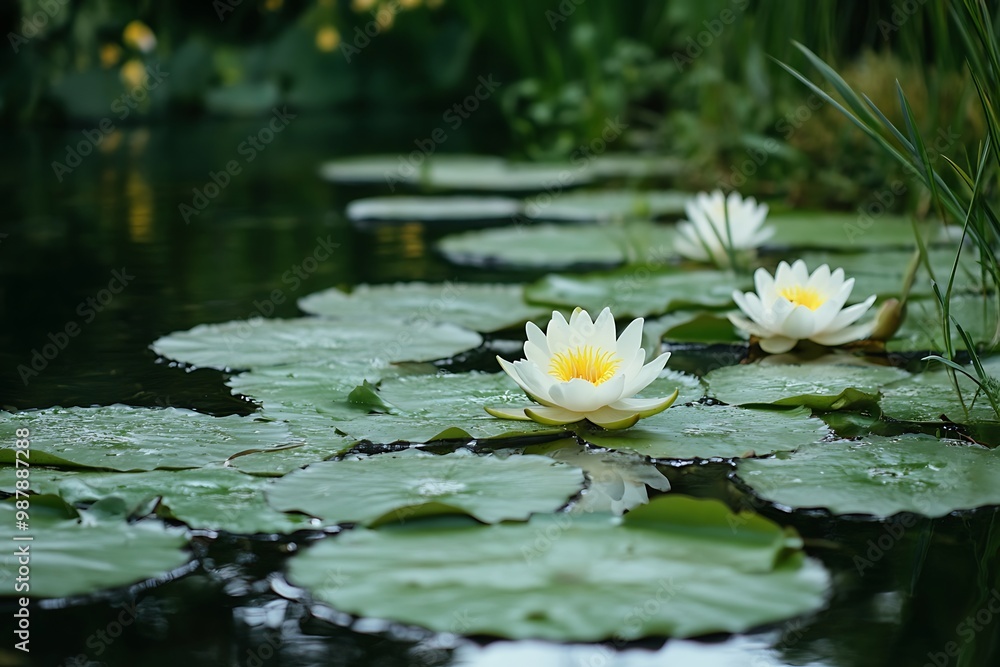 White water lilies blooming in a pond with green lily pads and water. Nature scene of a calm and serene water garden White water lilies blooming in a pond with green lily pads and water. Nature scene of a calm and serene water garden
