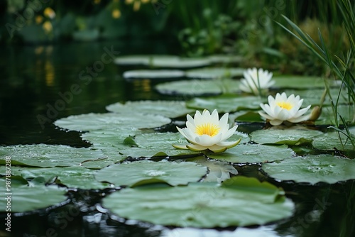 White water lilies blooming in a pond with green lily pads and water. Nature scene of a calm and serene water garden