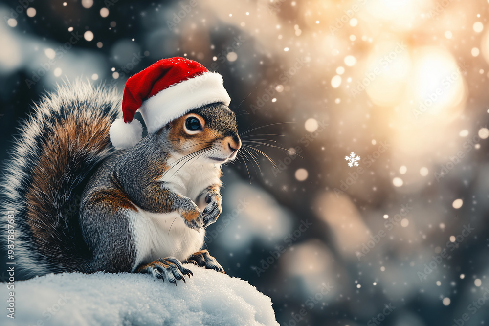 Cute Squirrel Wearing Santa Hat in Snowy Winter Wonderland Cute Squirrel Wearing Santa Hat in Snowy Winter Wonderland