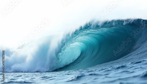 Powerful deep blue wave crashing with frothy crest, isolated on white background.