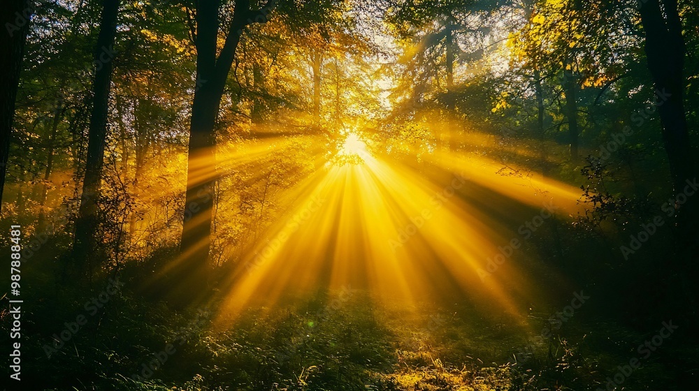 Obraz premium Sunbeams Piercing Through a Dense Forest Canopy