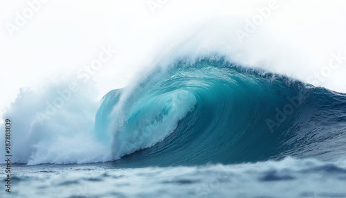 Powerful deep blue wave crashing with frothy crest, isolated on white background.