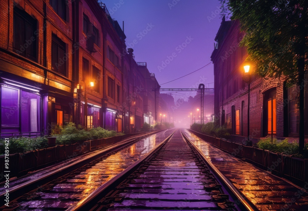 Fototapeta premium twilight city landscape vintage train tracks highlighting urban charm nostalgia scenic view, evening, architecture, buildings, street, lights, horizon, skyline