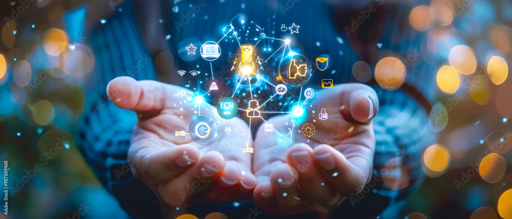 Businesswomen collaboratively shaping the future with their hands holding innovative icons representing teamwork, strategy, and achievement Businesswomen collaboratively shaping the future with their hands holding innovative icons representing teamwork, strategy, and achievement