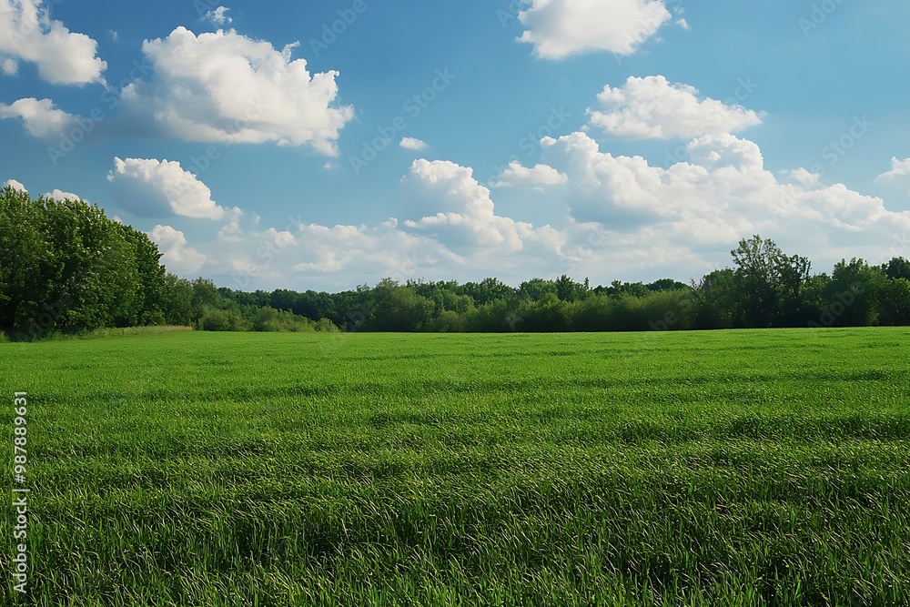 Fototapeta premium Beautiful green grass field with blue sky and clouds in the background