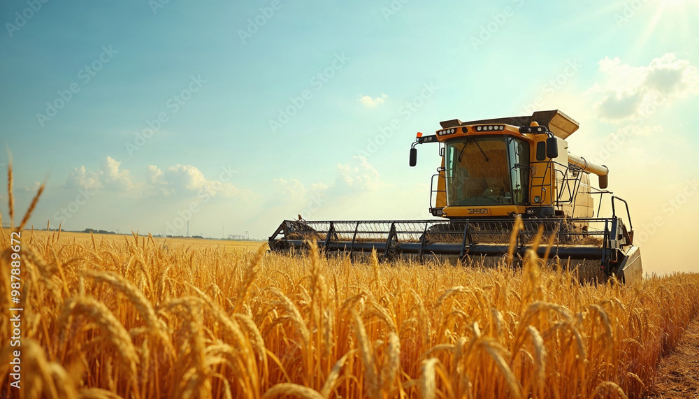 Fototapeta premium Combine harvester efficiently working in a sun-soaked rice field during harvest season.