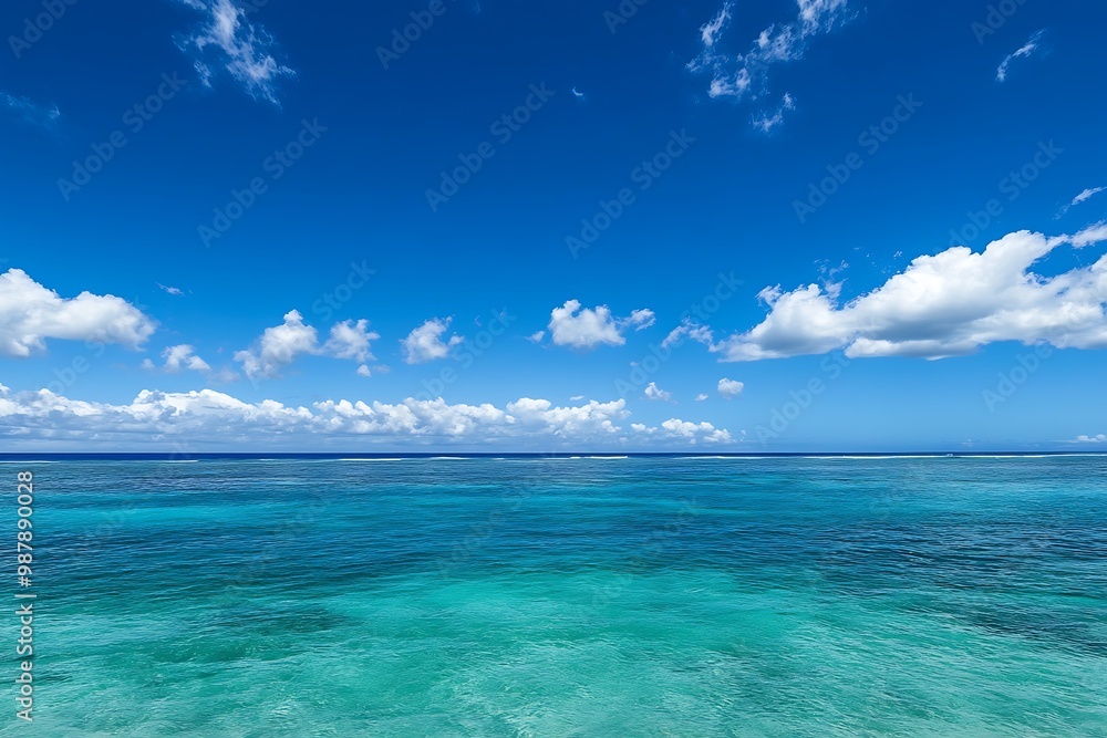 Clear blue ocean water with a white cloud sky. Tropical vacation paradise summer holiday Clear blue ocean water with a white cloud sky. Tropical vacation paradise summer holiday