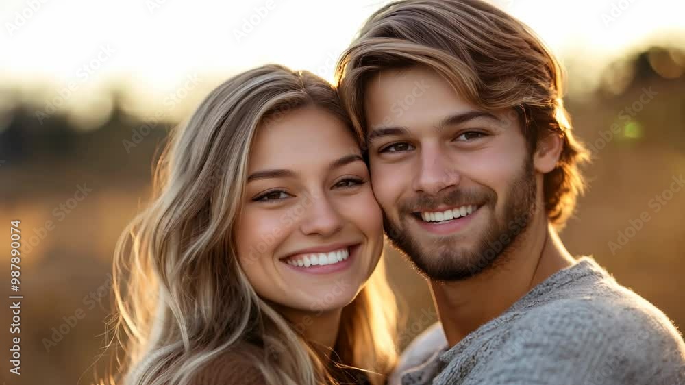 A couple captures a moment of happiness outdoors, smiling and embracing while surrounded by warm autumn colors and soft sunlight. A couple captures a moment of happiness outdoors, smiling and embracing while surrounded by warm autumn colors and soft sunlight.