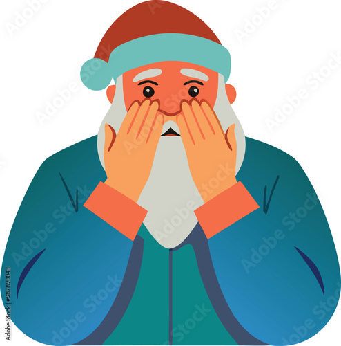 Santa Claus covering his mouth, flat vector illustration for holiday surprise concept