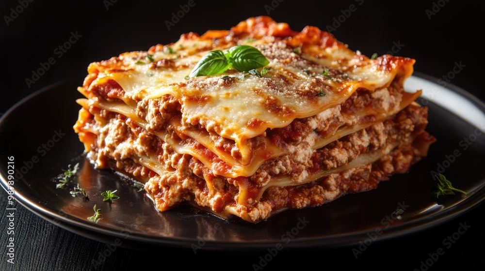 Lasagna isolated on black background. Italian cuisine traditional dish Lasagna isolated on black background. Italian cuisine traditional dish