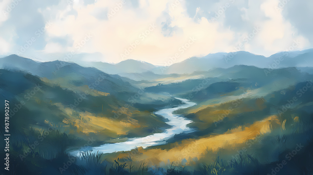 A tranquil landscape with rolling hills and a winding river, painted with soft and hazy oil brushwork. Winding River. Illustration A tranquil landscape with rolling hills and a winding river, painted with soft and hazy oil brushwork. Winding River. Illustration