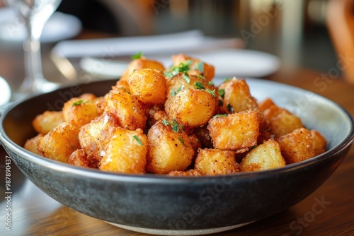 Fried seasoned potatoes in a bowl on wooden table in restaurant. Traditional country style cuisine