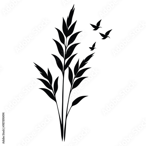 a black and white silhouette of a plant with long, slender leaves. The plant appears to be tall and slender, with a few birds flying around it 