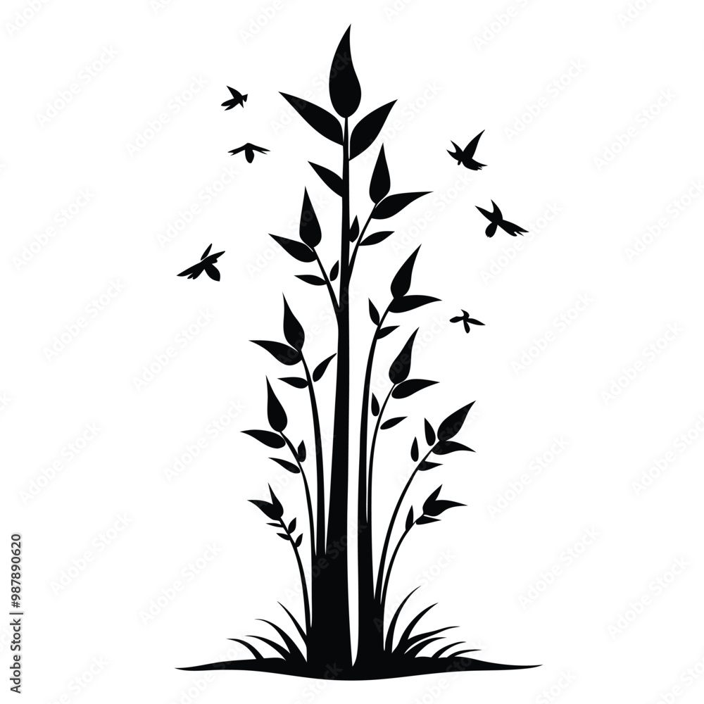 Naklejka premium a black and white silhouette of a plant with long, slender leaves. The plant appears to be tall and slender, with a few birds flying around it