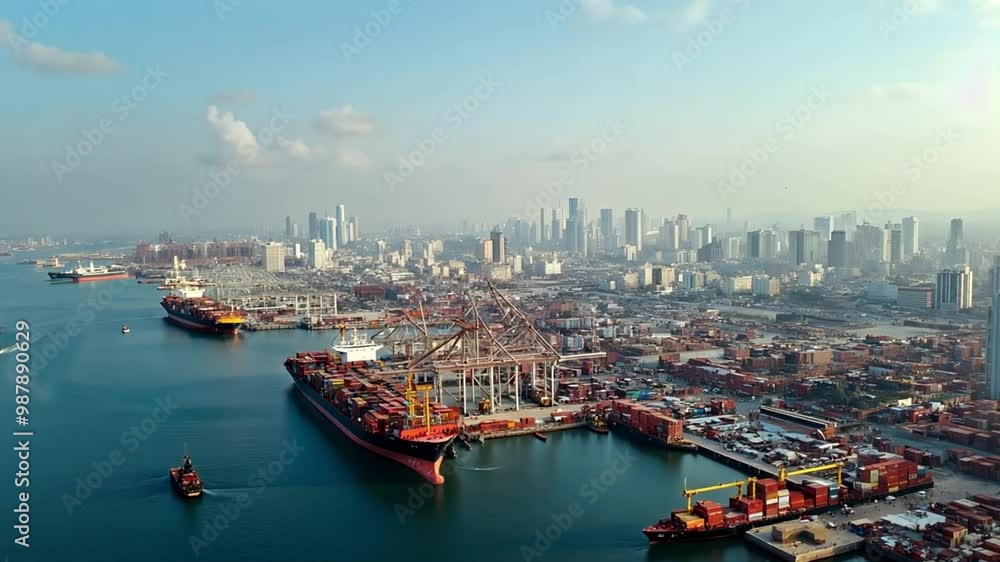 Busy Port with Container Ships and City Skyline in Background Busy Port with Container Ships and City Skyline in Background