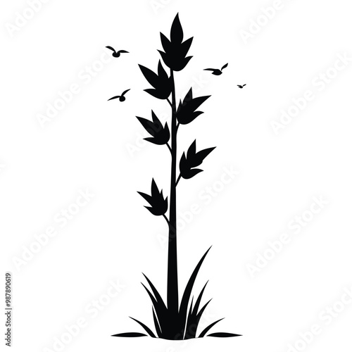 a black and white silhouette of a plant with long, slender leaves. The plant appears to be tall and slender, with a few birds flying around it 
