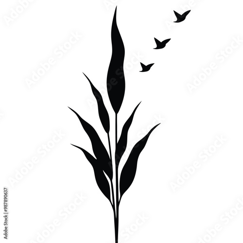 a black and white silhouette of a plant with long, slender leaves. The plant appears to be tall and slender, with a few birds flying around it 
