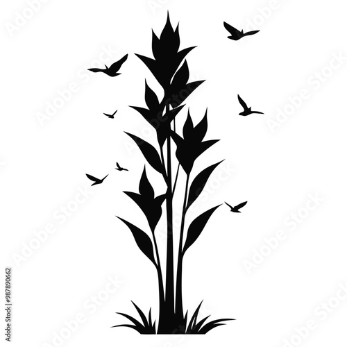 a black and white silhouette of a plant with long, slender leaves. The plant appears to be tall and slender, with a few birds flying around it 