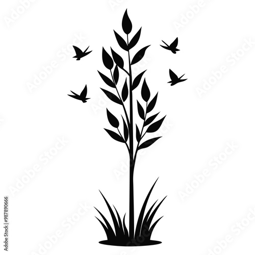 a black and white silhouette of a plant with long, slender leaves. The plant appears to be tall and slender, with a few birds flying around it 