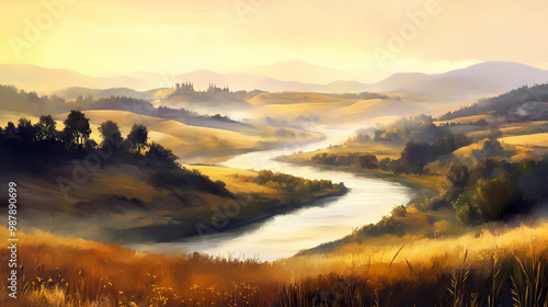 A tranquil landscape with rolling hills and a winding river, painted with soft and hazy oil brushwork. Winding River. Illustration