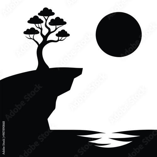a black and white silhouette of a tree on a cliff overlooking a body of water. The tree is on the left side of the image, with its branches reaching up towards the sky