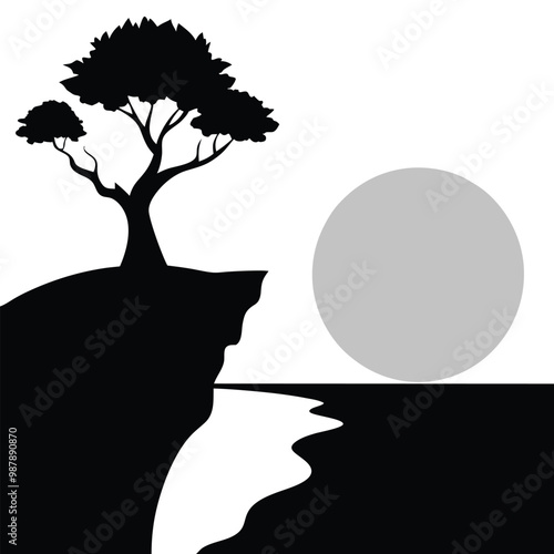 a black and white silhouette of a tree on a cliff overlooking a body of water. The tree is on the left side of the image, with its branches reaching up towards the sky