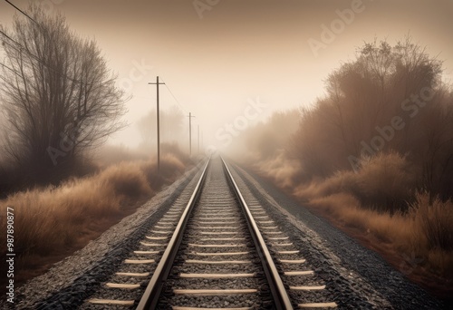 mysterious railway lines stretching into foggy horizon dramatic atmosphere enigmatic landscape, adventure, atmospheric, clouds, depths, designs, exploration