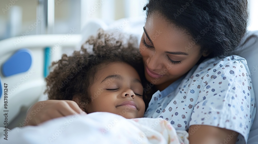A close-up of a pediatric nurse comforting a young patient in a hospital bed, offering warmth and reassurance during treatment. A close-up of a pediatric nurse comforting a young patient in a hospital bed, offering warmth and reassurance during treatment.