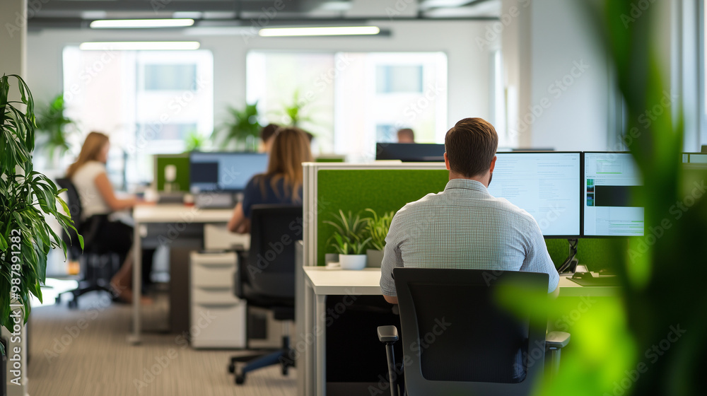 a bustling corporate office environment, viewed across a large, open floor plan. Numerous employees are seated at their desks, deeply focused on their computer screens, indicative of a typical busy wo
