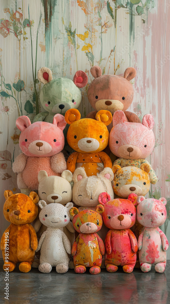 Obraz premium A collection of colorful plush bears in a variety of poses.