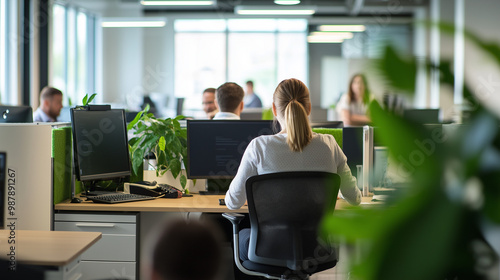 a bustling corporate office environment, viewed across a large, open floor plan. Numerous employees are seated at their desks, deeply focused on their computer screens, indicative of a typical busy wo