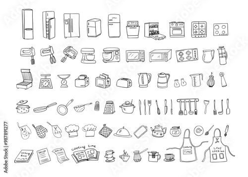 Big set of kitchen tools, kitchenware, kitchen equipments in doodle style. Microwave, mixer, efrigerator, dishwasher, toaster. Love cooking. Great for restaurant menu, recipe book, and wallpaper.