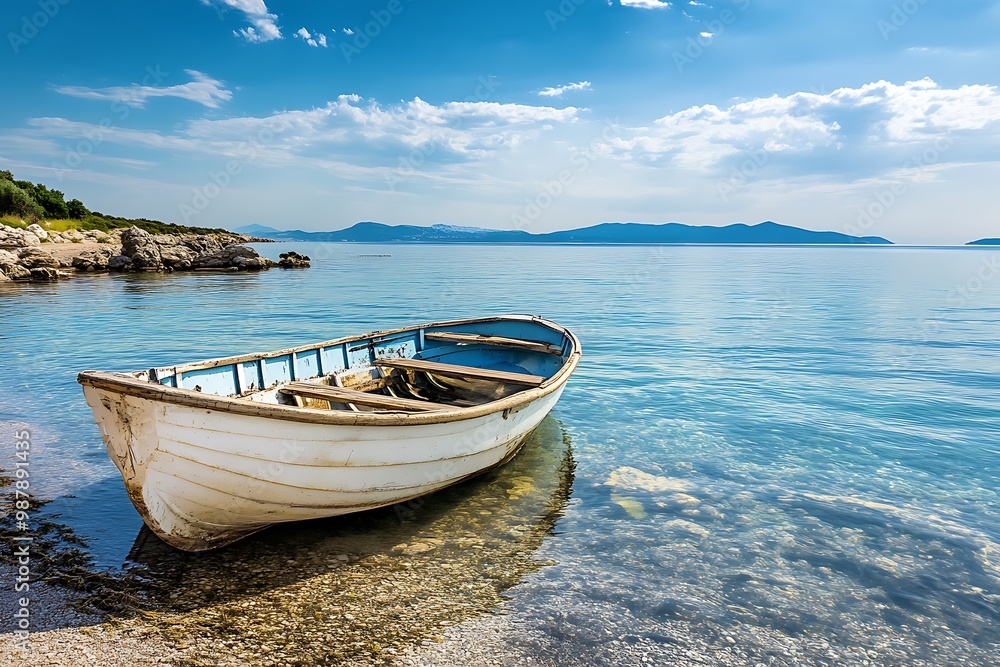 Small white boat on the beach with clear blue sea water and blue sky with clouds Small white boat on the beach with clear blue sea water and blue sky with clouds