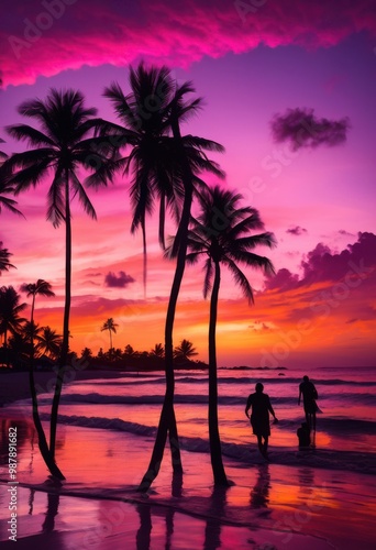 vibrant tropical beach sunset lush palm trees silhouetted colorful sky, ocean, horizon, sand, landscape, evening, light, reflection, water, clouds, warmth